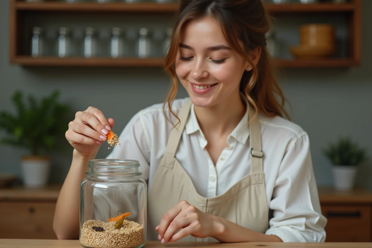 Femme nourrissant des grillons juvéniles avec des légumes râpés dans un terrarium en verre sur table en bois