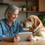 Femme en denim avec chien golden retriever à la maison