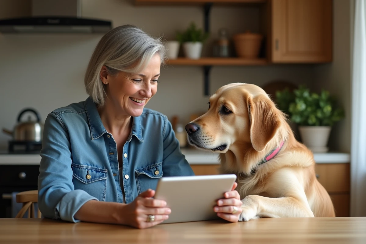 Femme en denim avec chien golden retriever à la maison