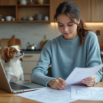 Jeune femme avec chien regardant documents d'assurance