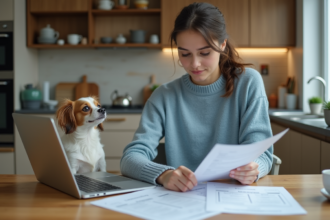 Jeune femme avec chien regardant documents d'assurance