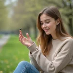 Jeune femme dans un parc avec une coccinelle sur le doigt