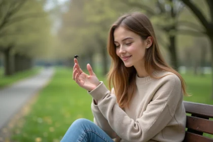 Jeune femme dans un parc avec une coccinelle sur le doigt