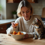 Femme dans la cuisine donne croquettes à son chat tabby