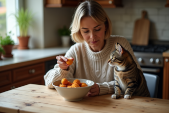 Femme dans la cuisine donne croquettes à son chat tabby