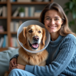 Femme souriante avec chien golden retriever dans un salon