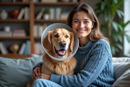 Femme souriante avec chien golden retriever dans un salon