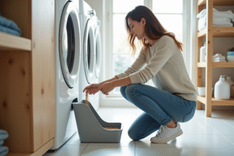 Jeune femme versant de la litière dans une caisse à linge moderne