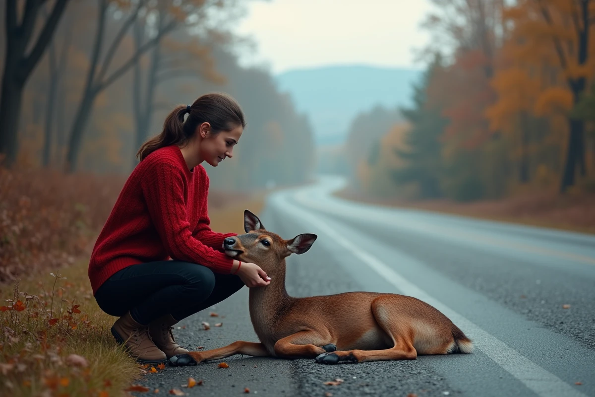 Jeune femme réconfortant un cerf près de sa voiture au matin