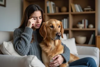 Femme en pull gris reposant avec son chien golden retriever