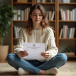 Femme consultant les résultats de son quiz animal totem sur une feuille imprimée dans un salon chaleureux
