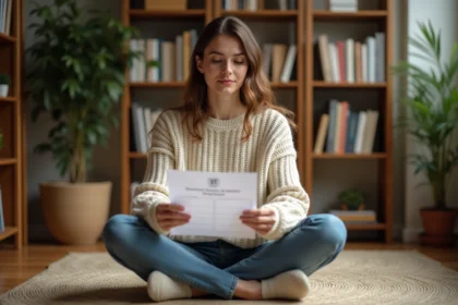 Femme consultant les résultats de son quiz animal totem sur une feuille imprimée dans un salon chaleureux