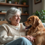 Femme avec retriever en sofa dans un salon chaleureux