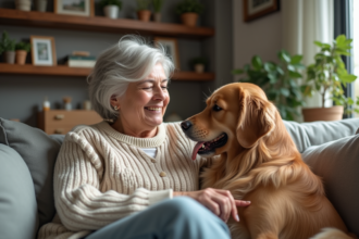 Femme avec retriever en sofa dans un salon chaleureux