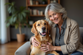 Femme détendue avec un retriever doré dans un salon moderne