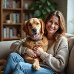 Femme souriante avec son chien retriever dans un salon chaleureux