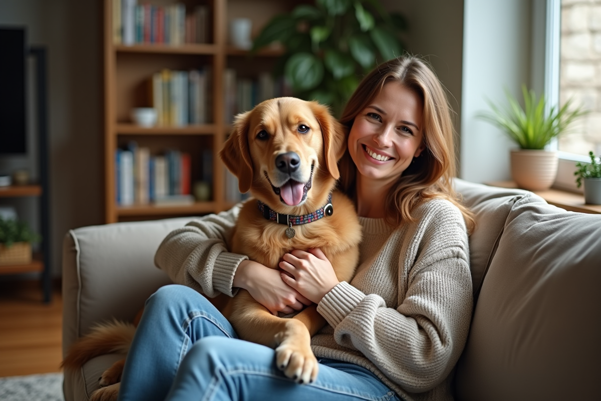 Femme souriante avec son chien retriever dans un salon chaleureux
