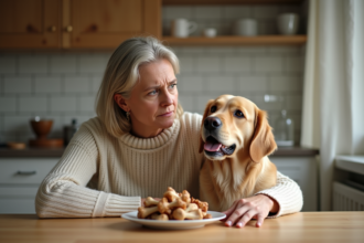Femme préoccupée avec son chien retriever dans la cuisine