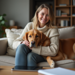 Femme souriante avec son chien golden retriever à la maison