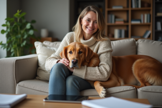 Femme souriante avec son chien golden retriever à la maison