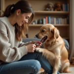 Femme trimmant les griffes d'un chien golden retriever dans un salon chaleureux