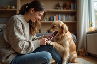 Femme trimmant les griffes d'un chien golden retriever dans un salon chaleureux