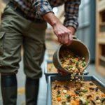 Fermier d'insectes versant grains et légumes dans une ferme moderne
