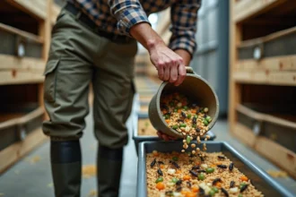 Fermier d'insectes versant grains et légumes dans une ferme moderne