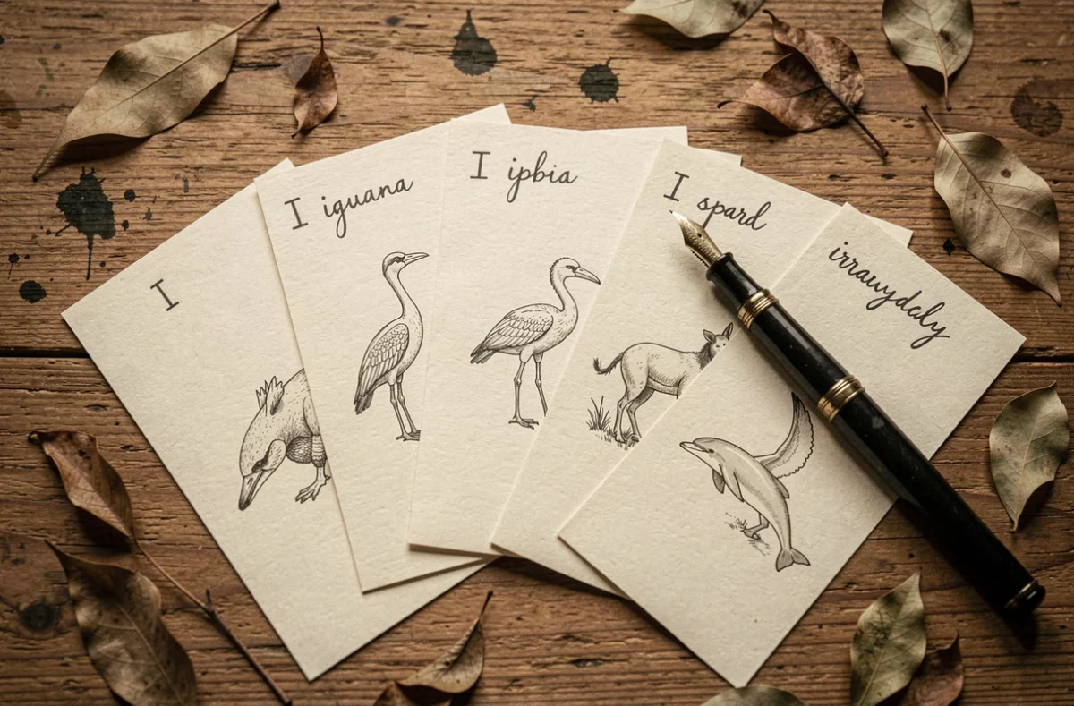 Fiches manuscrites listant des animaux rares commençant par la lettre I pour le jeu du petit bac sur une table en bois rustique