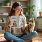 Jeune femme française lit un livre japonais avec un chat