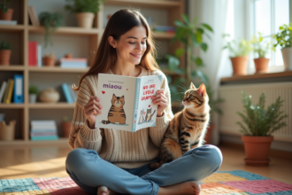 Jeune femme française lit un livre japonais avec un chat