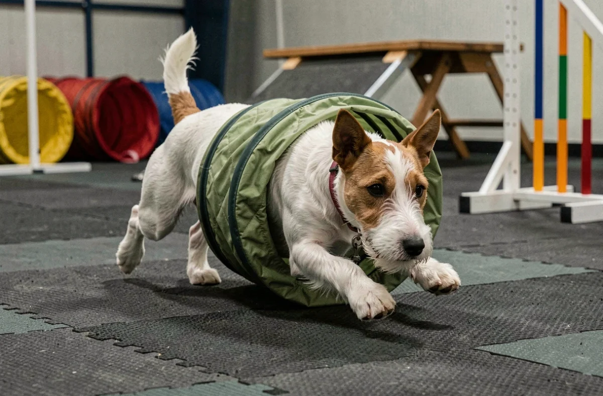 Fox Terrier à poil court traversant un tunnel d'agility en salle, sport canin pour canaliser son énergie