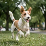 Fox Terrier à poil court en pleine course dans un parc, illustrant son énergie débordante au quotidien