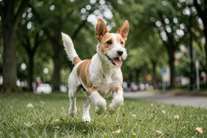 Fox Terrier à poil court en pleine course dans un parc, illustrant son énergie débordante au quotidien