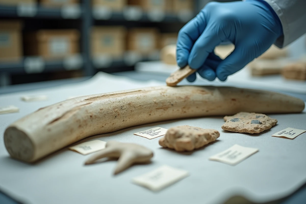 Fragment de défense de mammouth et outils préhistoriques en silex disposés sur tissu de lin en laboratoire d'analyse paléontologique