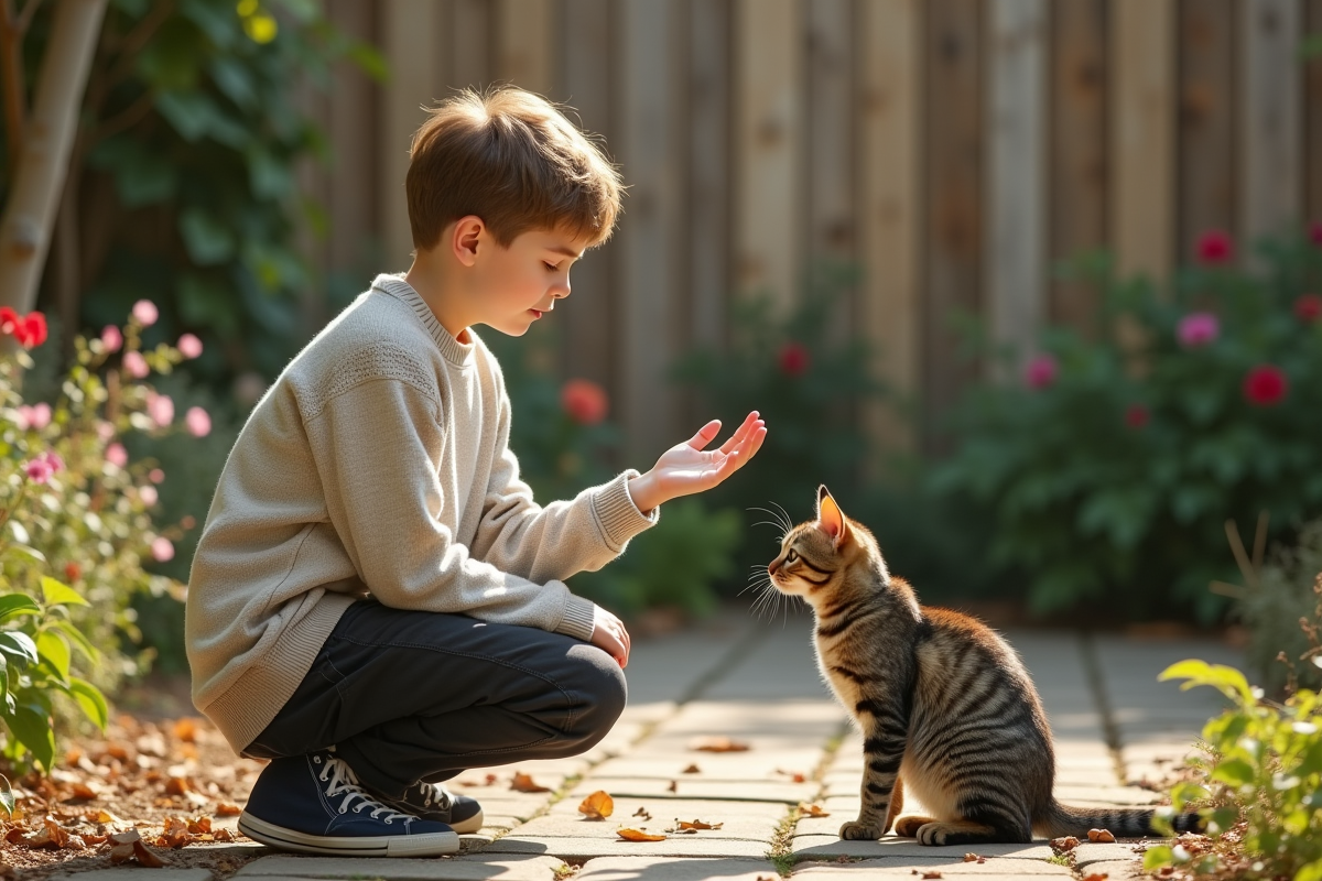Adolescent avec chat tachete dans un jardin ensoleille