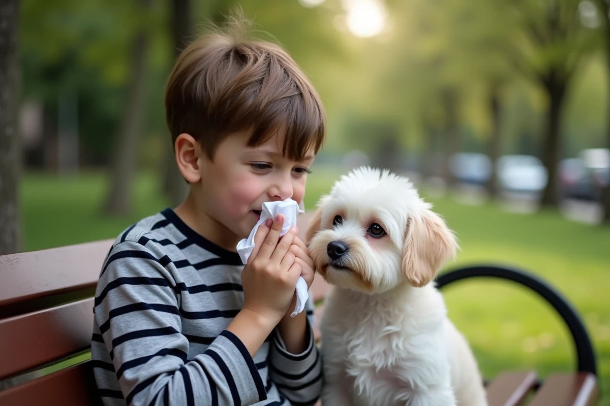 Garçon malade avec son chien dans un parc verdoyant