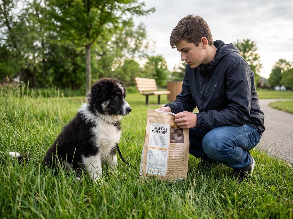 Garçon avec chiot dans un parc verdoyant