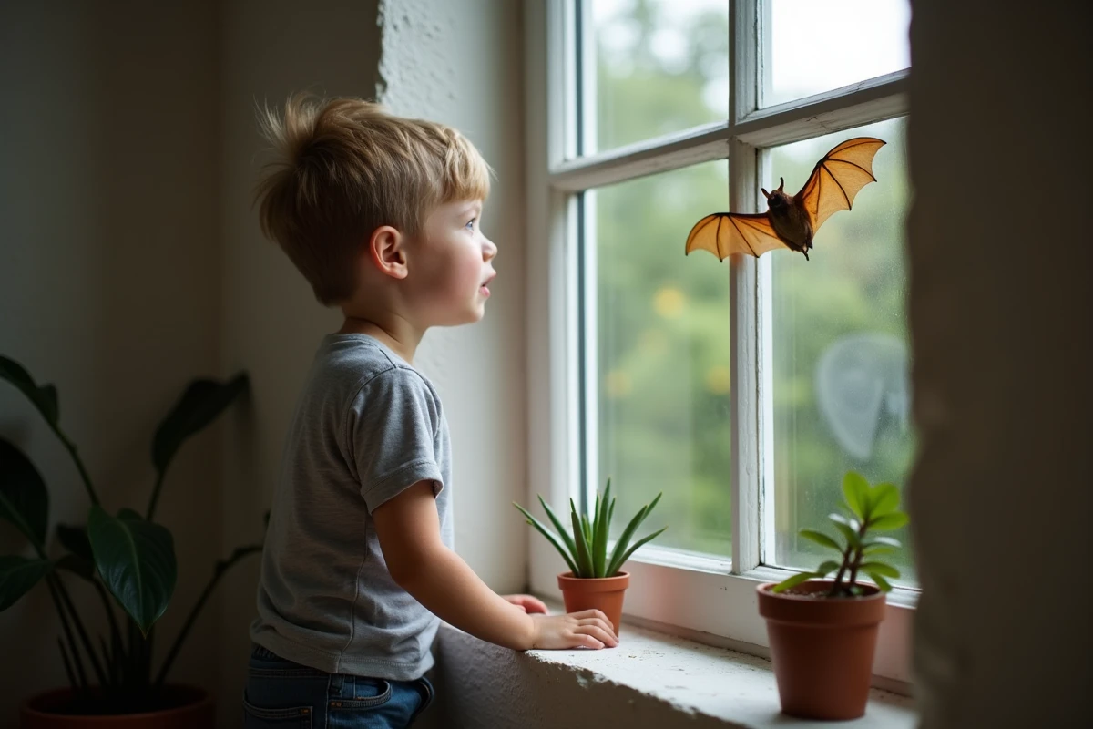 Jeune garçon observant une chauve-souris sur le rebord de la fenêtre