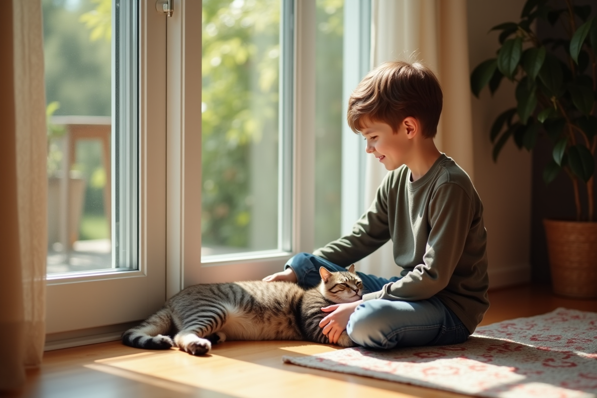Garçon de dix ans caressant un chat Maine dans la pièce lumineuse