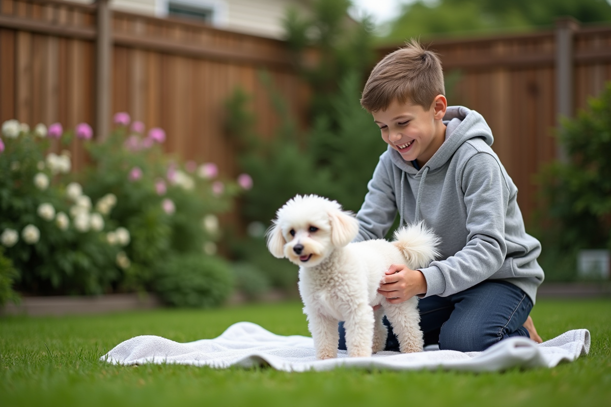 Adolescent trimmant le poodle blanc dans un jardin ensoleille