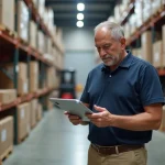Manager d'entrepot avec tablette dans un entrepot organisé