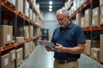 Manager d'entrepot avec tablette dans un entrepot organisé