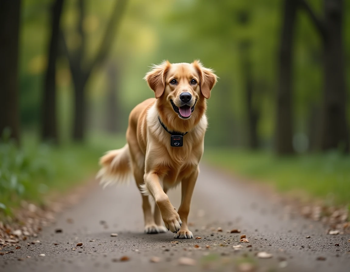 Golden retriever portant un collier GPS lors d'une promenade en parc