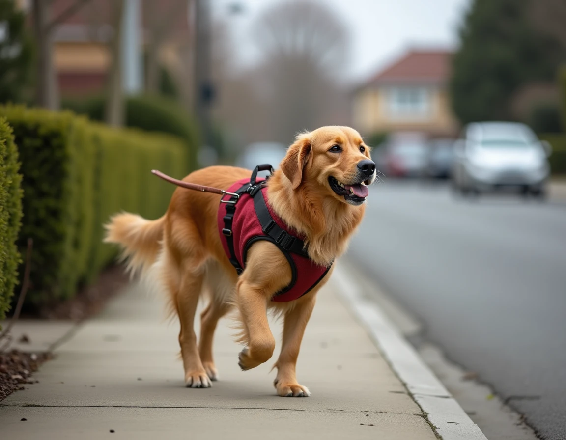 Golden Retriever portant un harnais rouge et noir en promenade sur un trottoir résidentiel