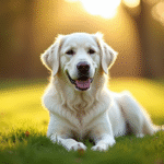 chien golden retriever assis dans un parc ensoleille