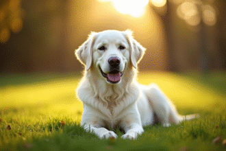 chien golden retriever assis dans un parc ensoleille