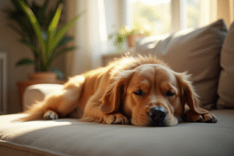 Golden retriever allongé sur un canapé lumineux et confortable