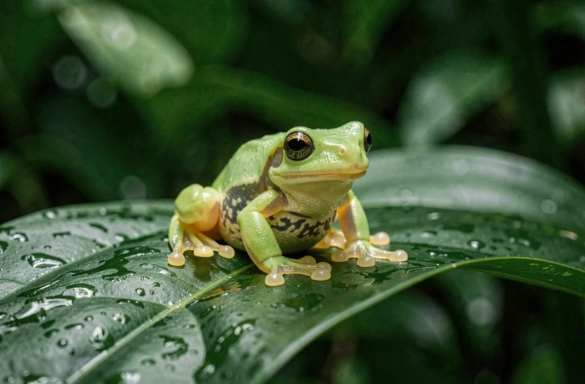 Grenouille de verre translucide perchée sur une feuille tropicale en forêt amazonienne, organes internes visibles sous la peau transparente