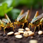 Gros plan de grillons adultes se nourrissant de légumes frais et flocons d'avoine sur terre organique humide